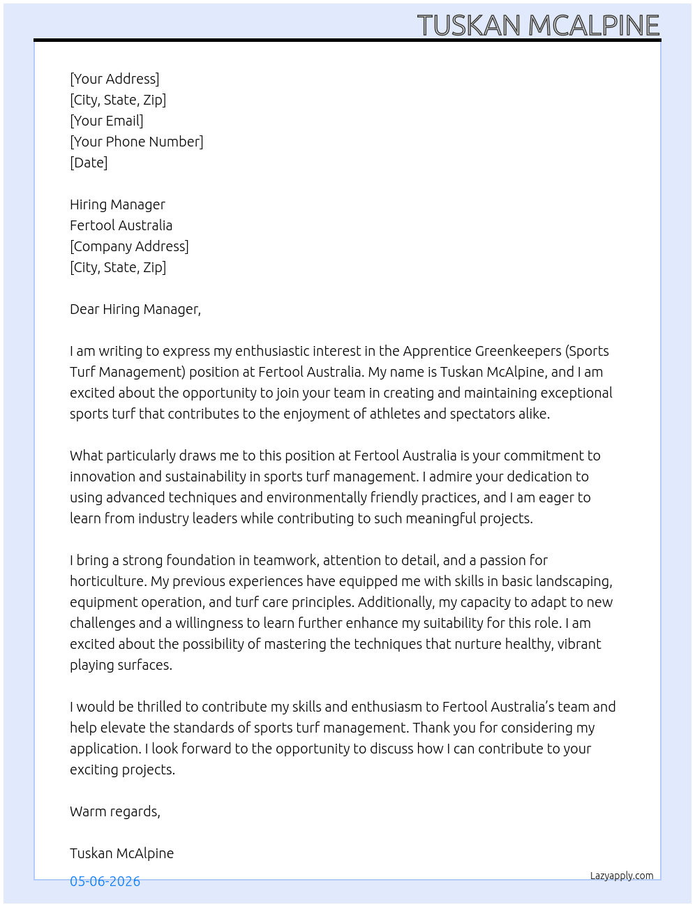 Apprentice Greenkeepers (Sports Turf Management) At Fertool Australia Cover Letter