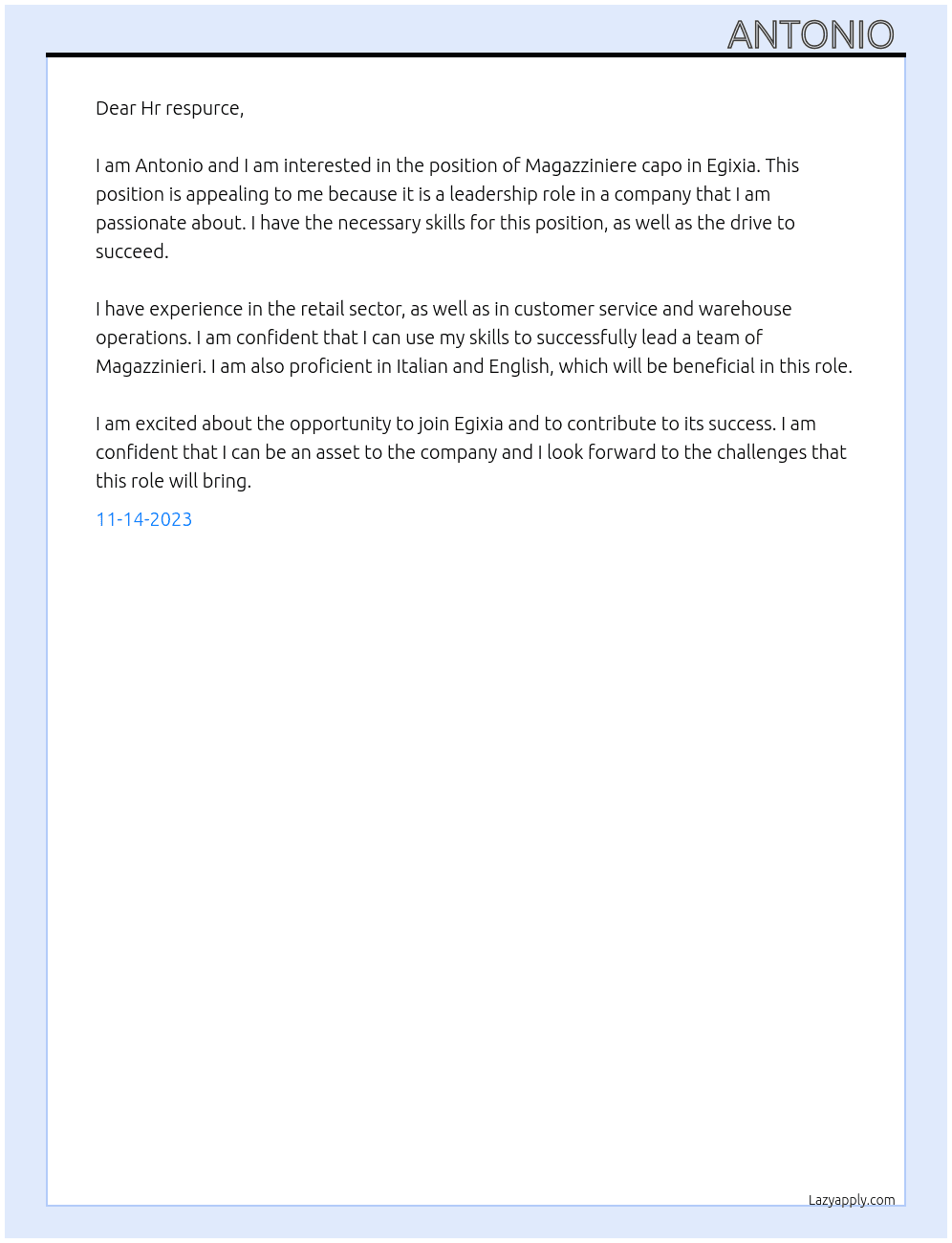 Magazziniere  capo At Egixia Cover Letter