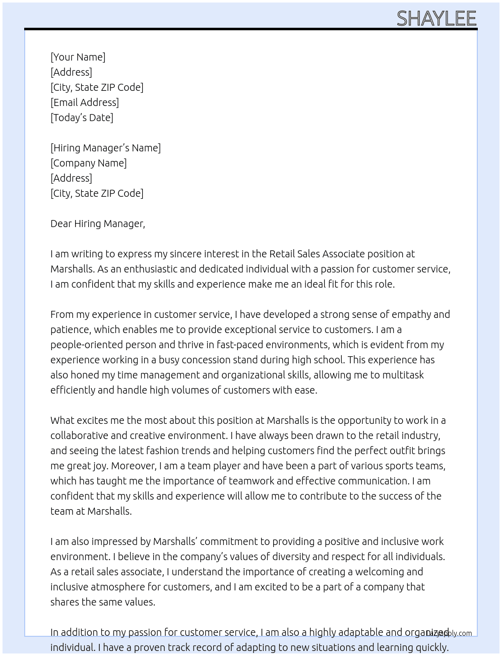 Retail sales associate At Marshalls Cover Letter