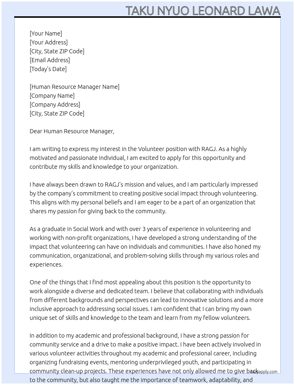volunteer At RAGJ Cover Letter