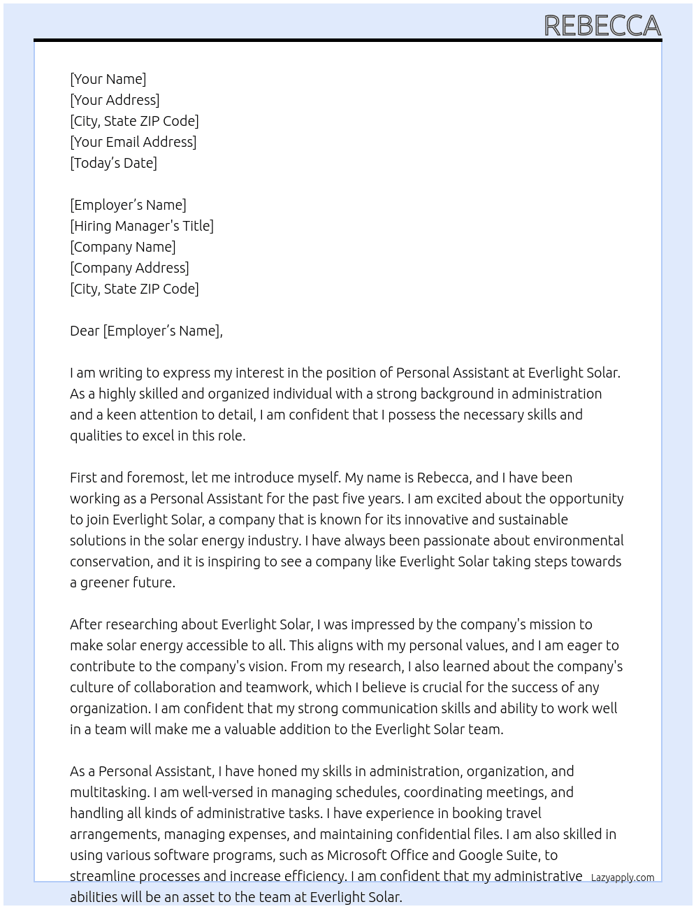Personal Assistant  At Everlight Solar Cover Letter