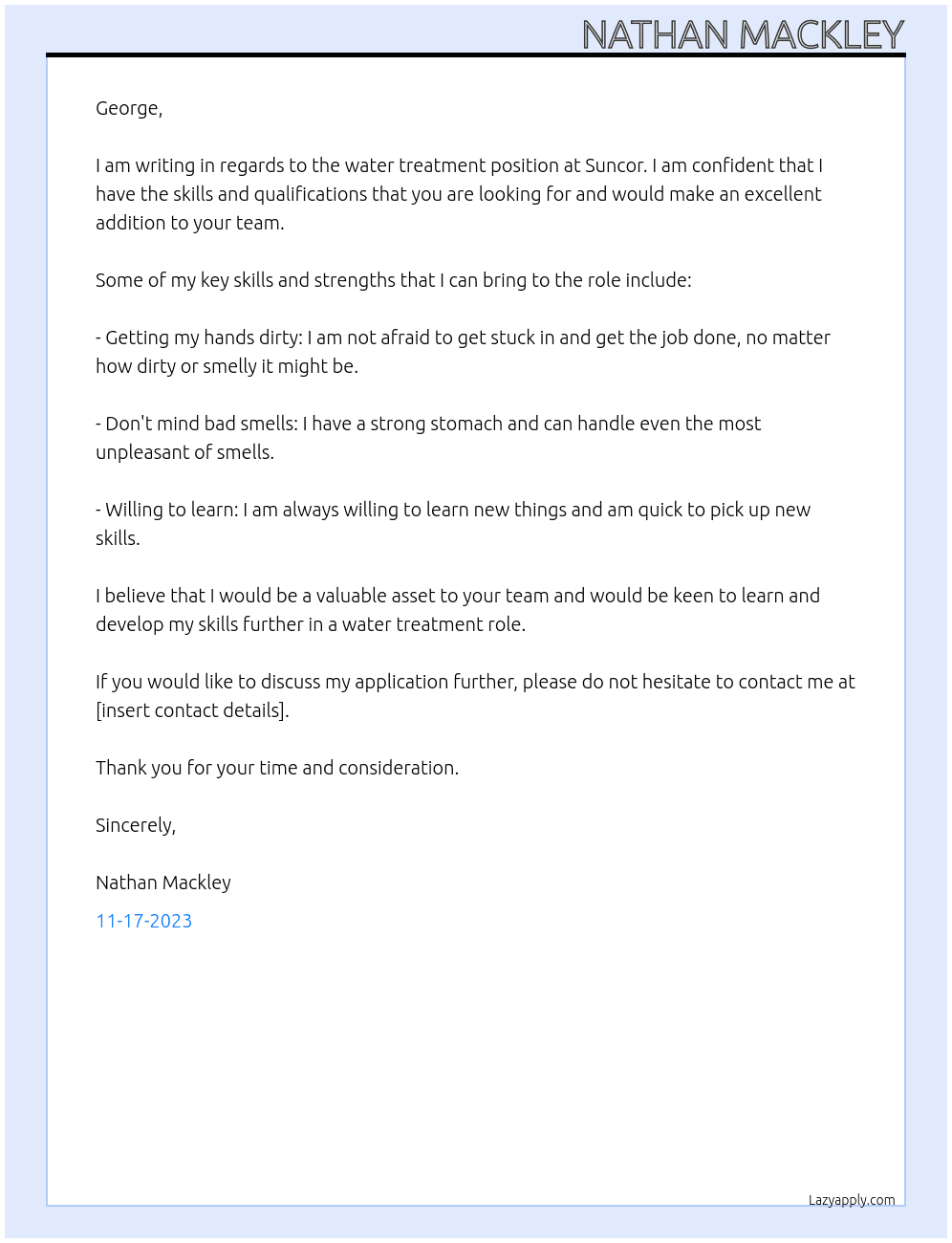 water treatment At suncor Cover Letter