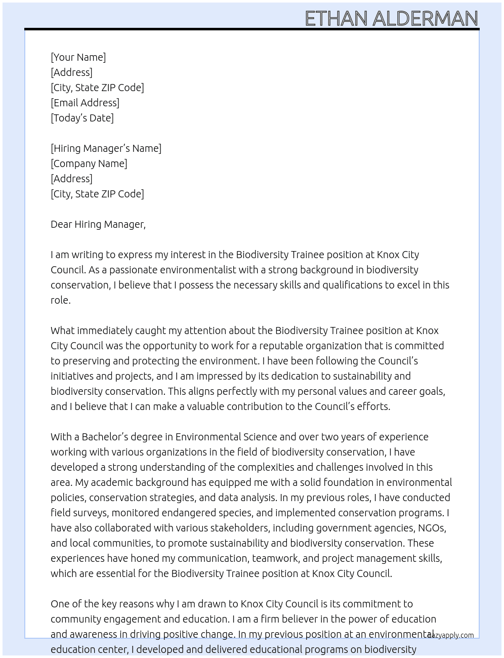 Biodiversity Trainee At Knox City Council  Cover Letter