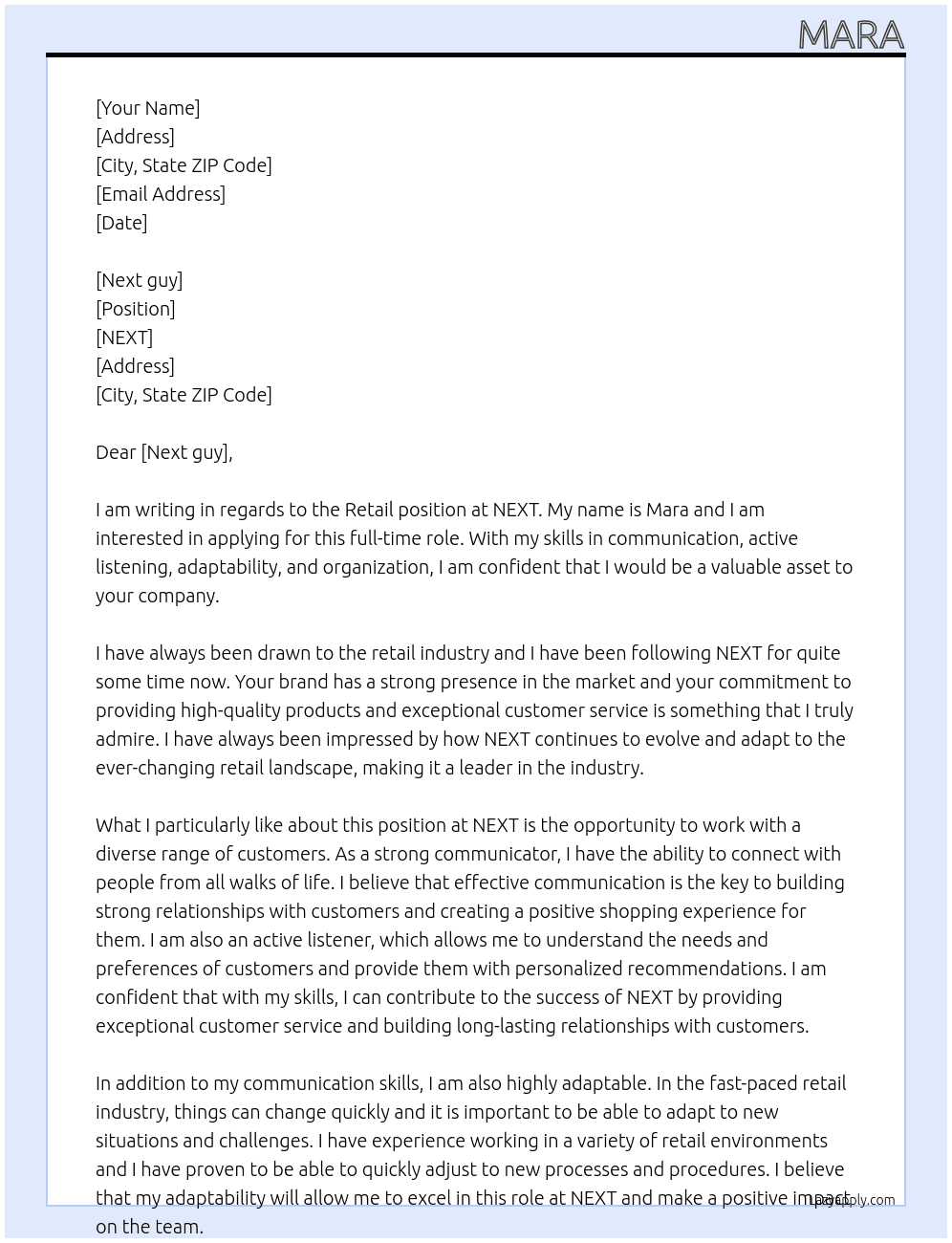 Retail At NEXT Cover Letter