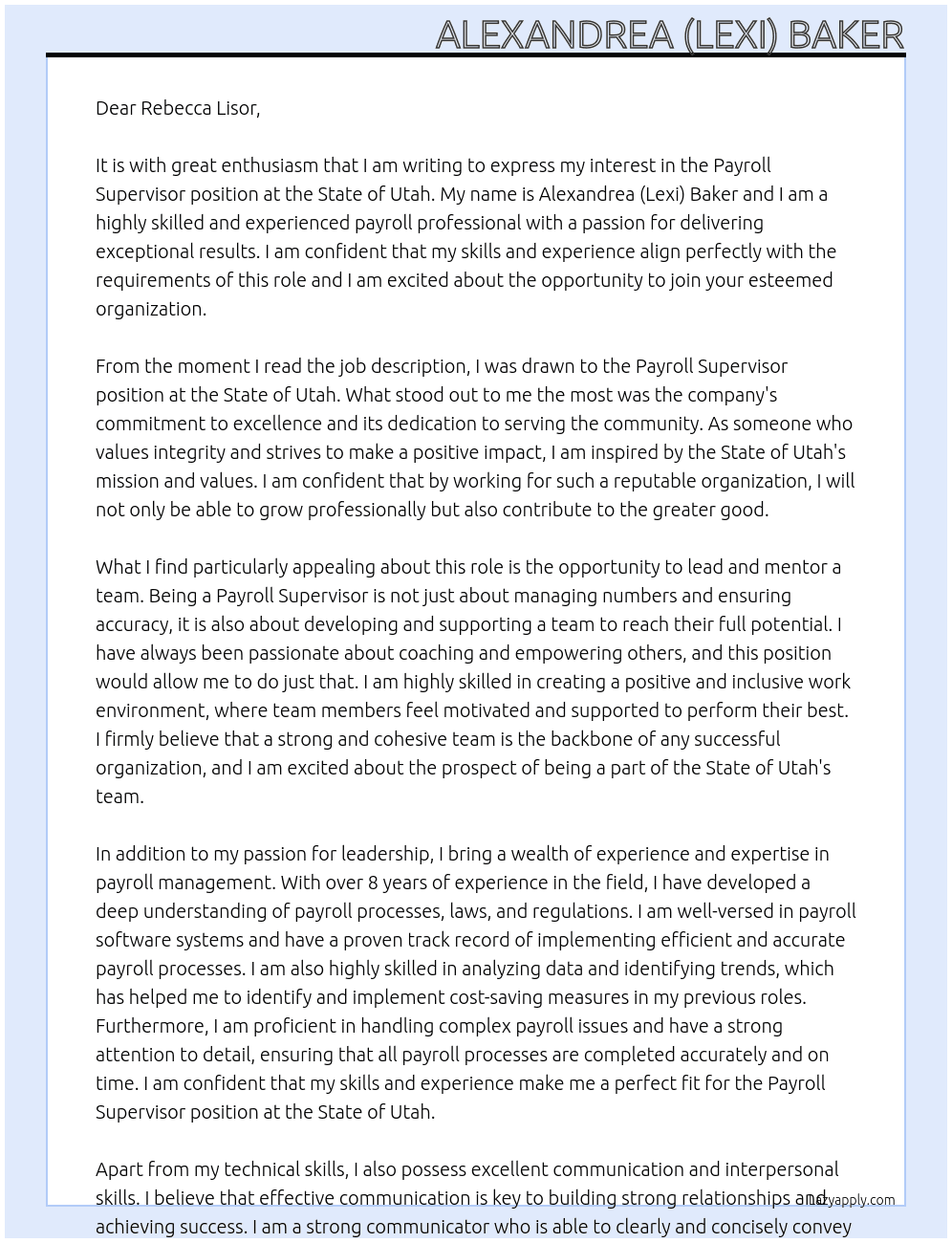 Payroll Supervisor At State of Utah Cover Letter