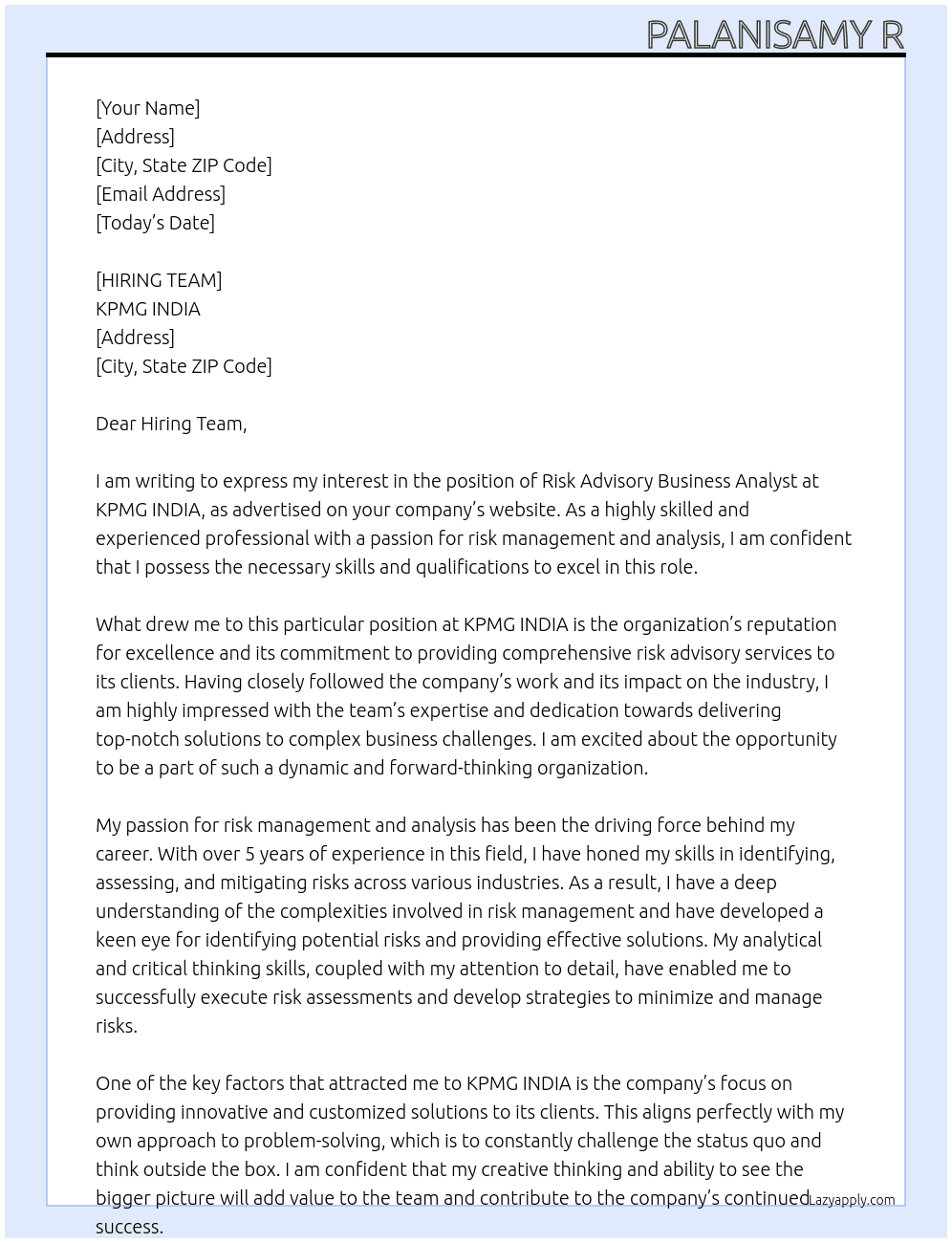 risk advisory Business analyst At KPMG INDIA Cover Letter