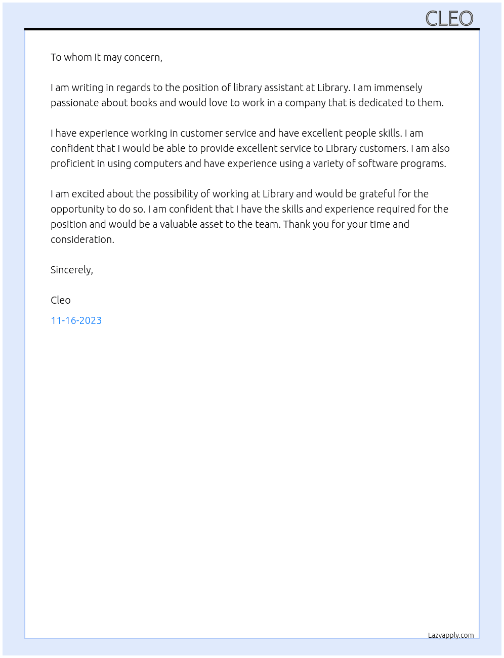 library assistant  At  Library  Cover Letter