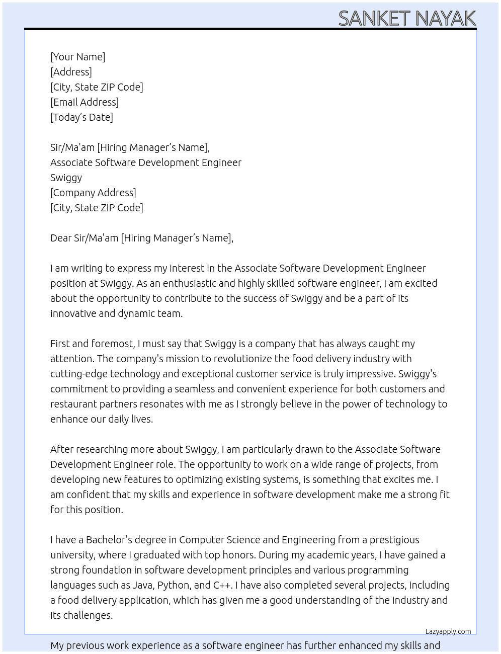 Associate software development engineer  At Swiggy Cover Letter