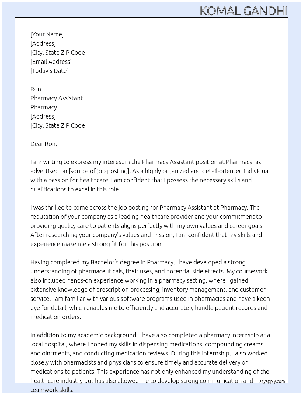 Pharmacy Assistant At Pharmacy Cover Letter