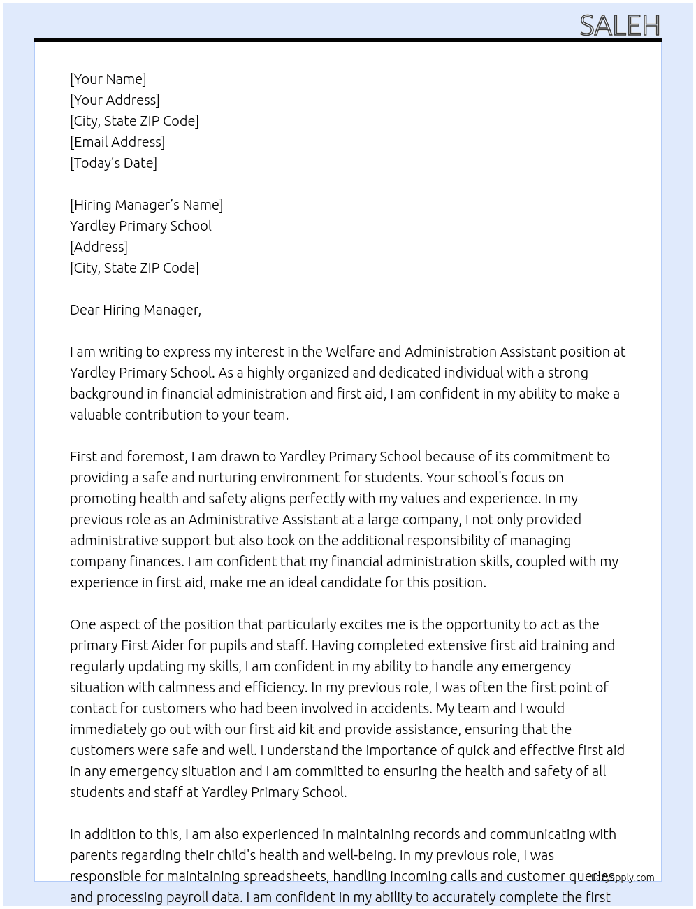 Welfare and Administration Assistant At Yardley Primary School Cover Letter