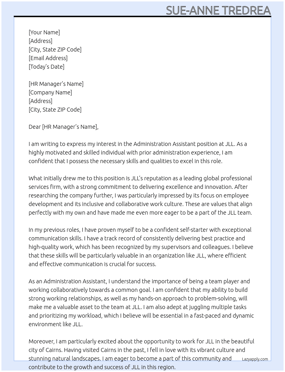 Administation Assistant At JLL Cover Letter