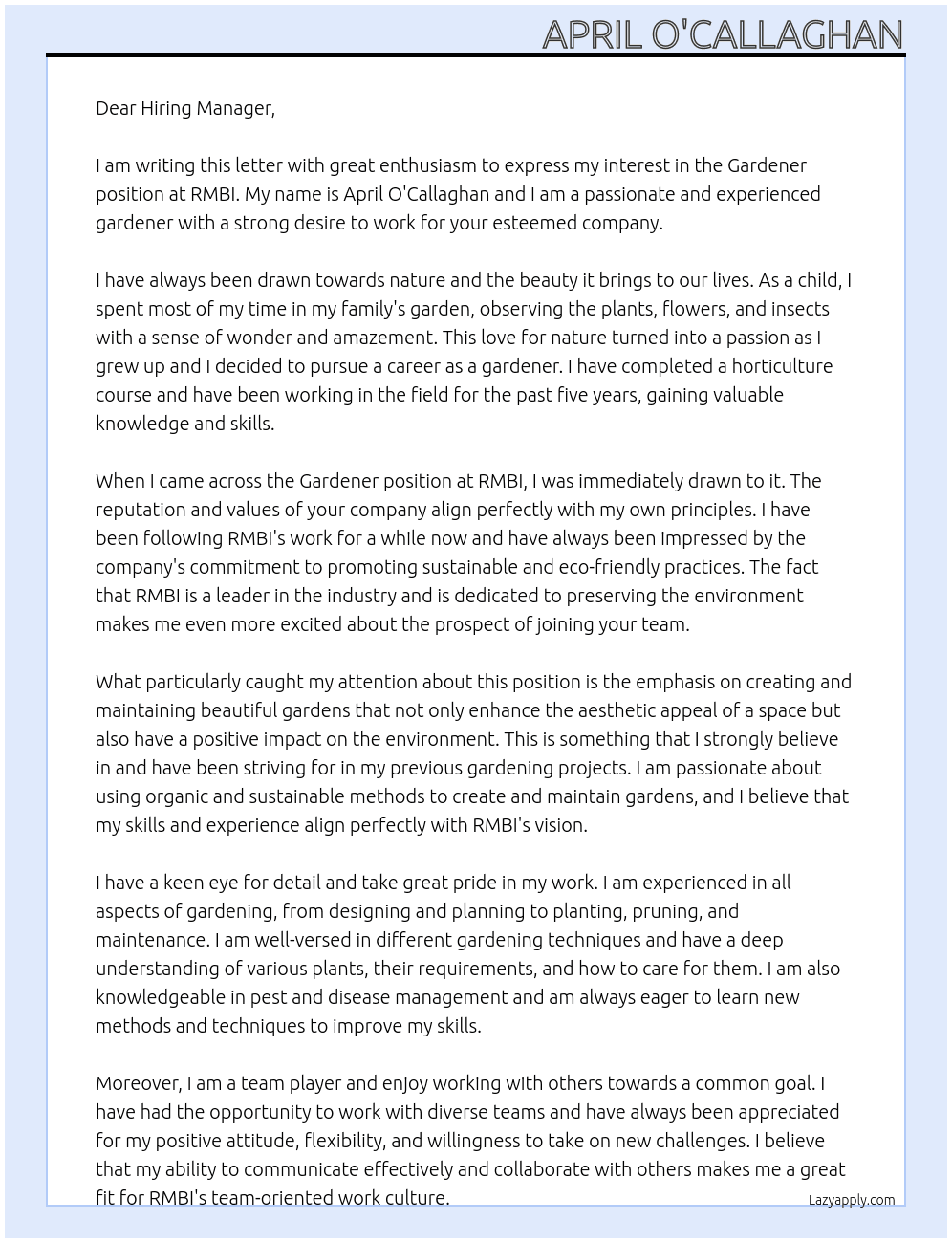 Gardener  At RMBI Cover Letter