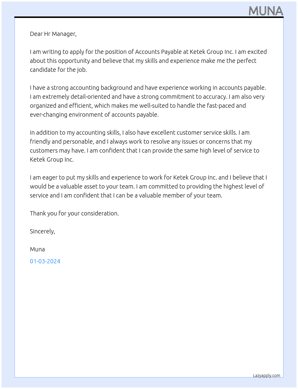 Accounts payable  At Ketek Group Inc Cover Letter