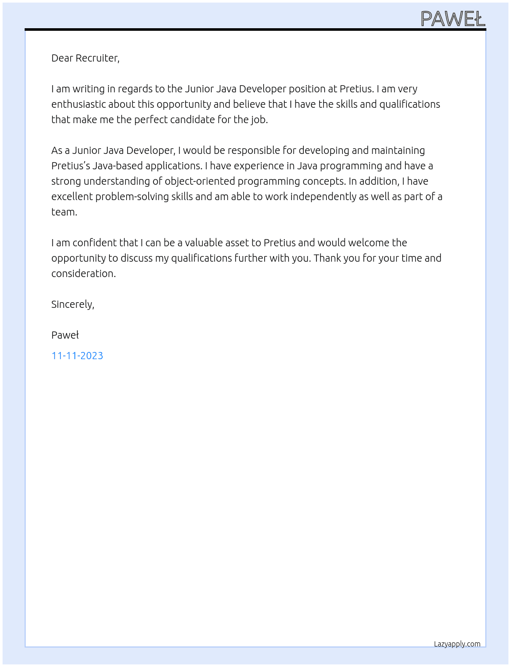 Junior Java Developer At Pretius Cover Letter