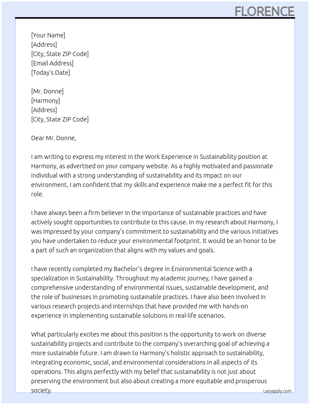 Work Experience in Sustainability At Harmony Cover Letter