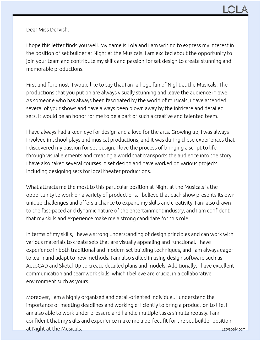 Cover letter for set builder - LazyApply