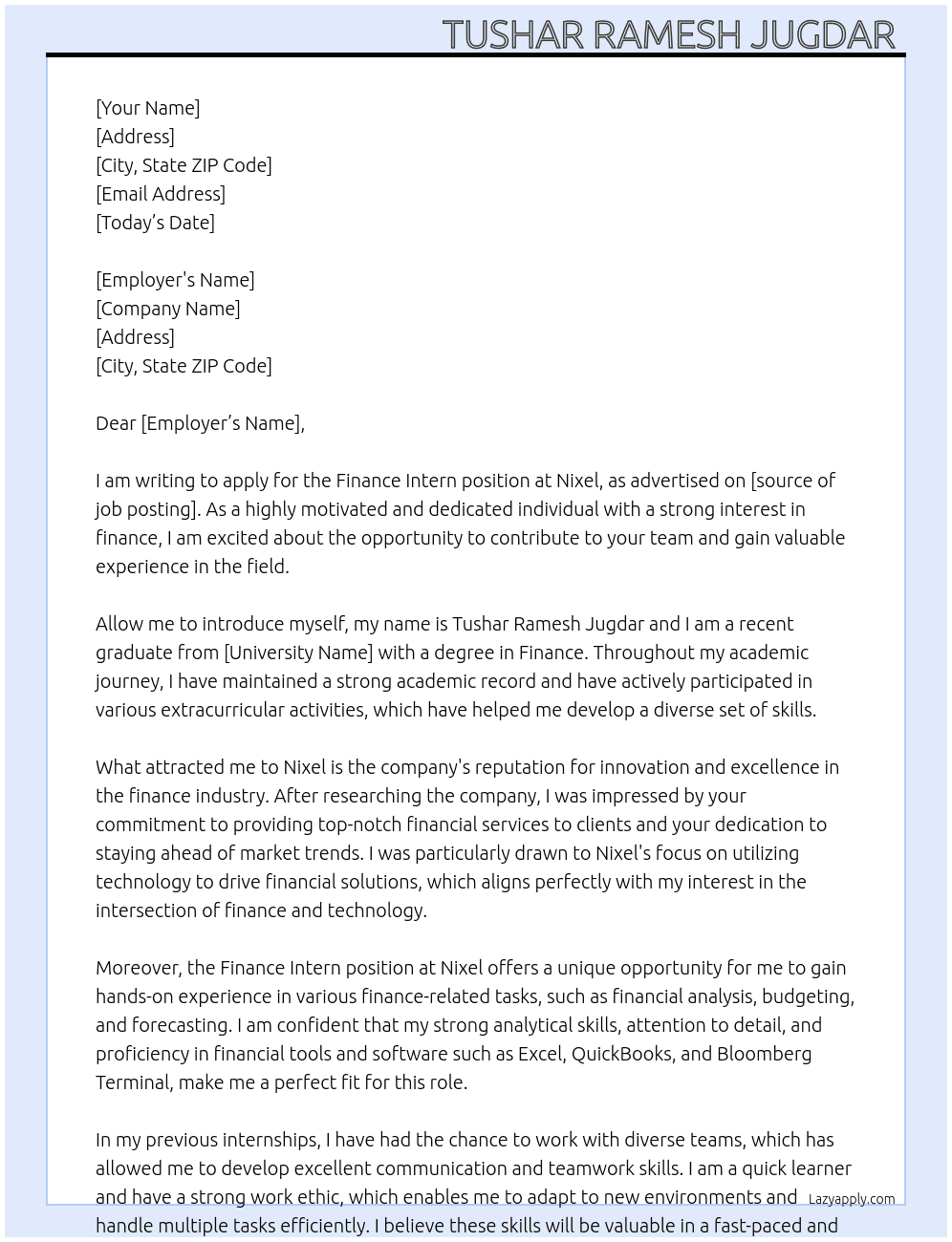 Finance intern  At Nixel Cover Letter