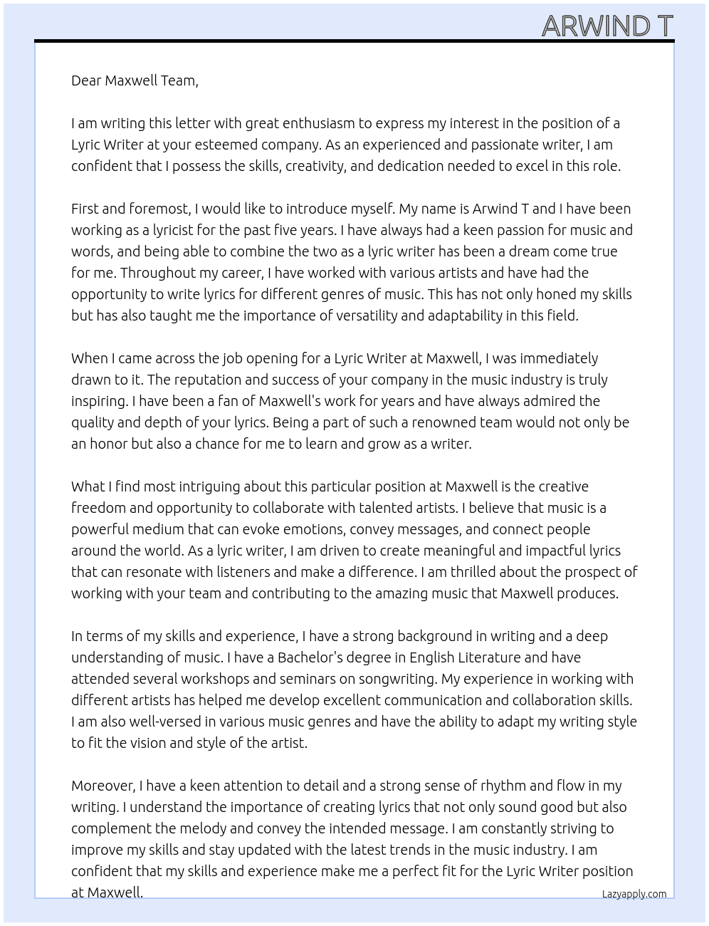 lyric writer At maxwell Cover Letter