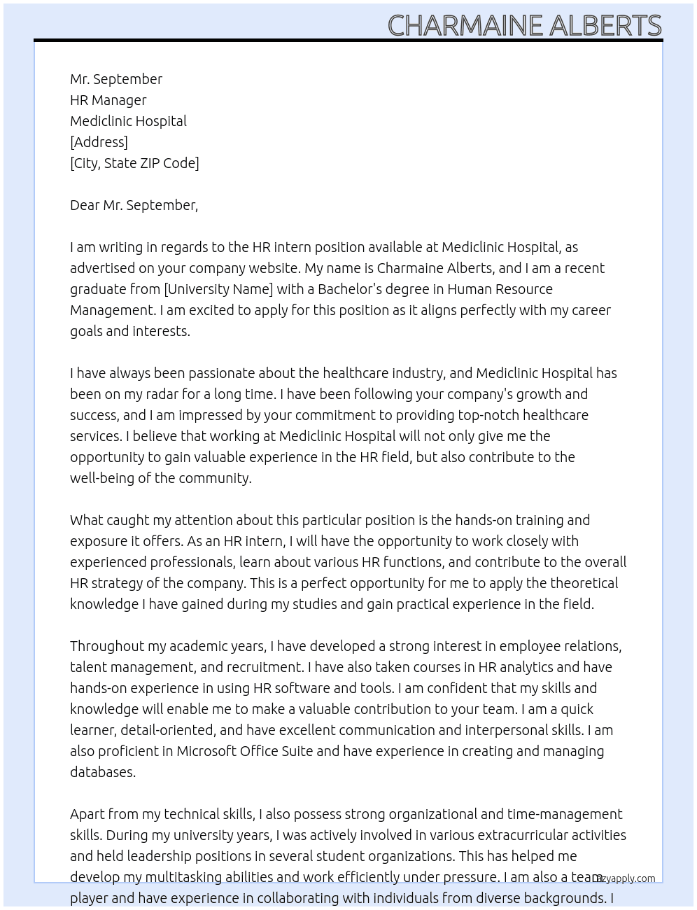 HR intern At Mediclinic hospital  Cover Letter