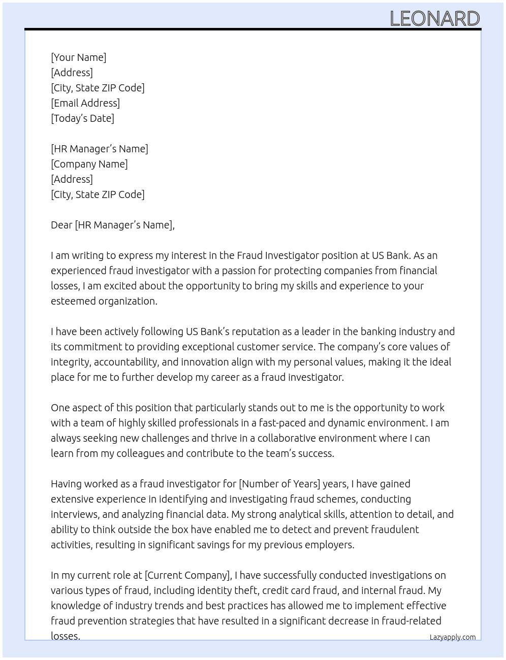 Fraud Investigator At US Bank Cover Letter