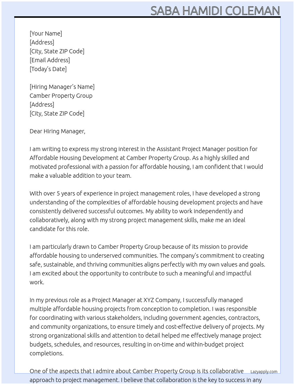 Assistant Project Manager for Affordable Housing Development At Camber Property Group Cover Letter