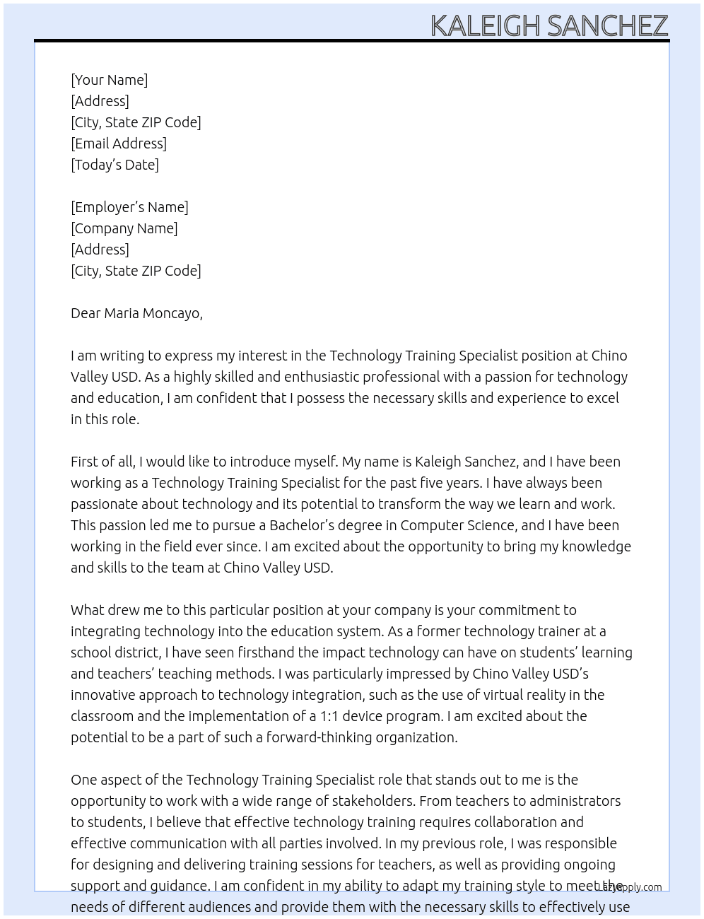 Technology Training Specialist At Chino Valley USD Cover Letter