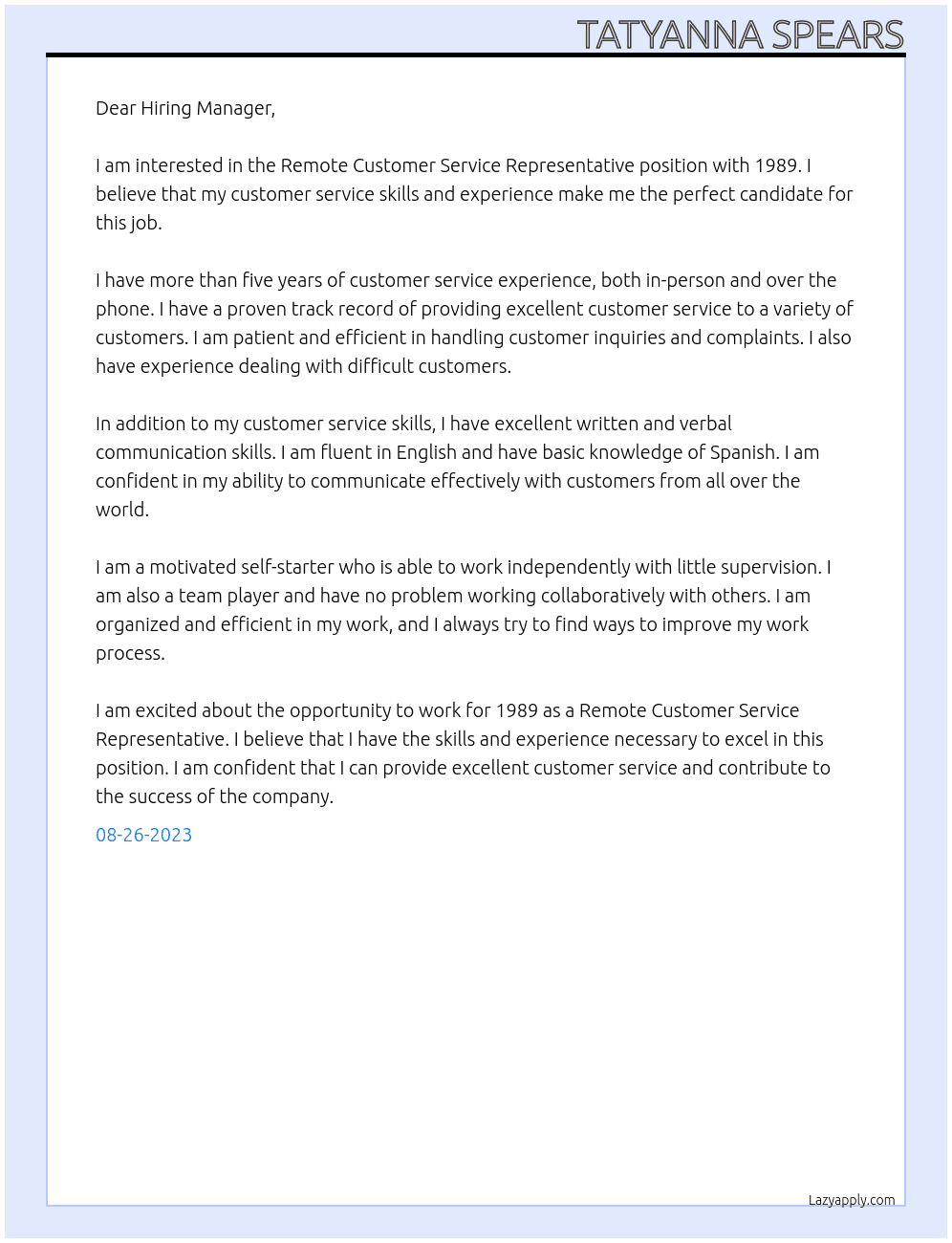 Remote Customer Service Representative At 1989 Cover Letter