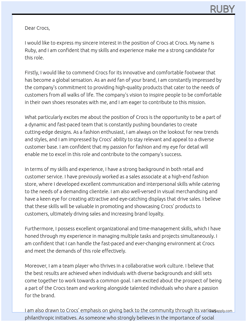 crocs At crocs Cover Letter