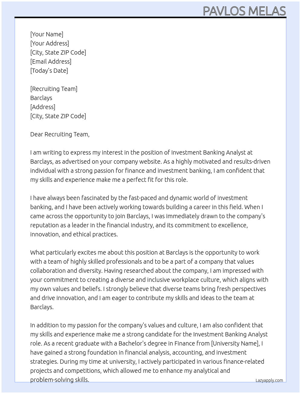 Investment Banking Analyst At Barclays Cover Letter
