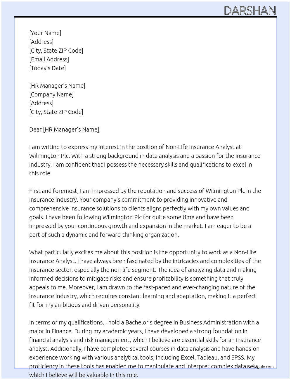 Non-Life Insurance Analyst At Wilmington Plc Cover Letter