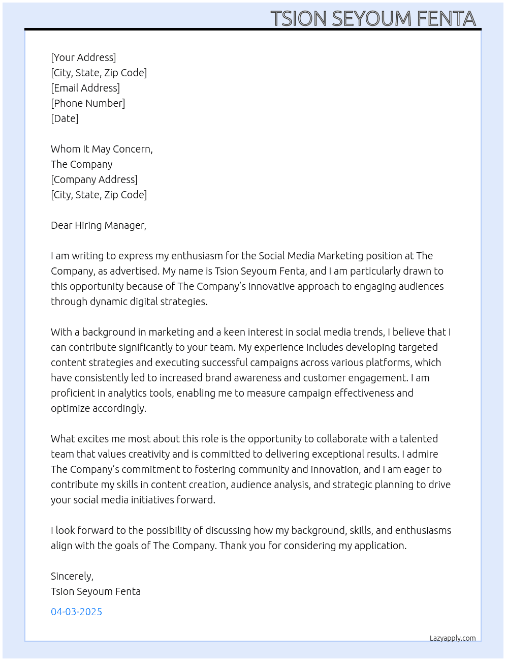 Social media marketing  At The company  Cover Letter