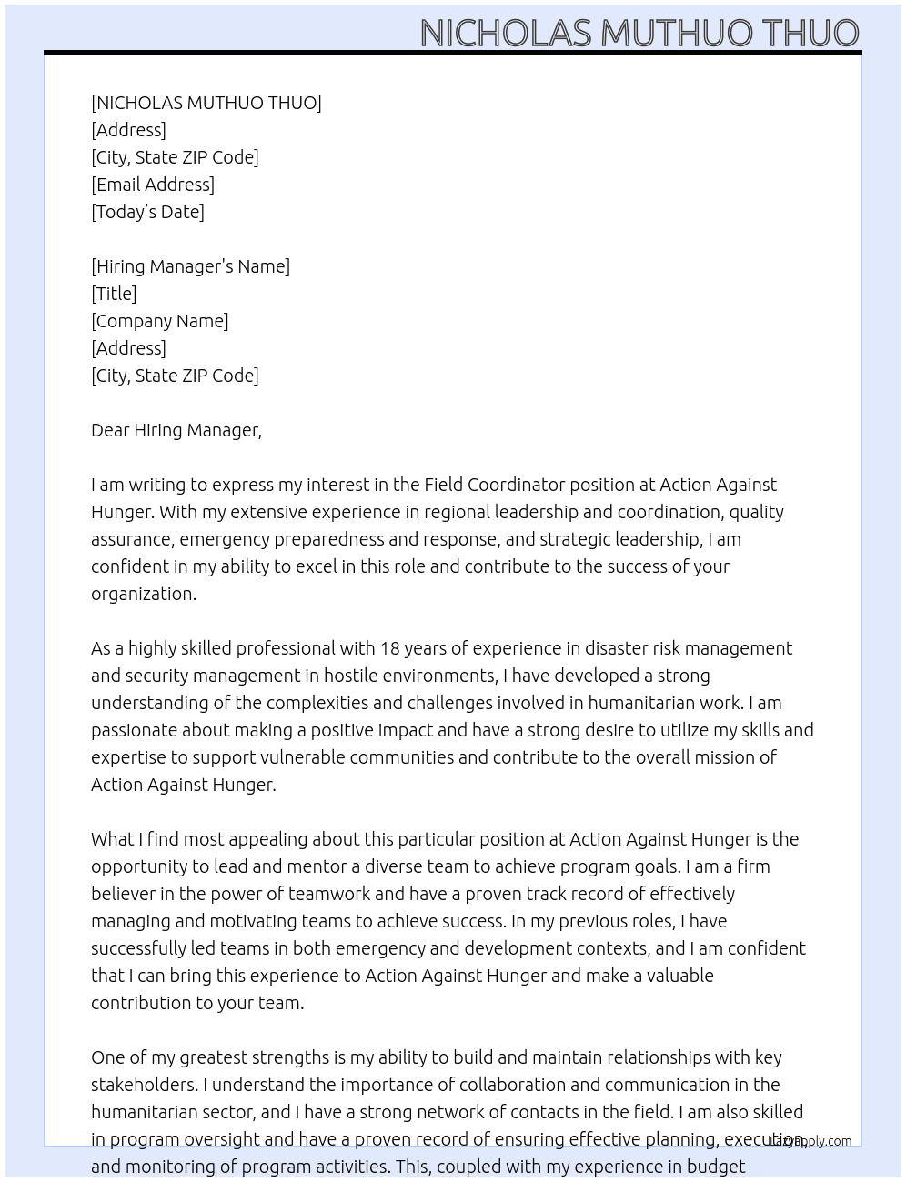 Field Coordinator At Action Against Hunger  Cover Letter