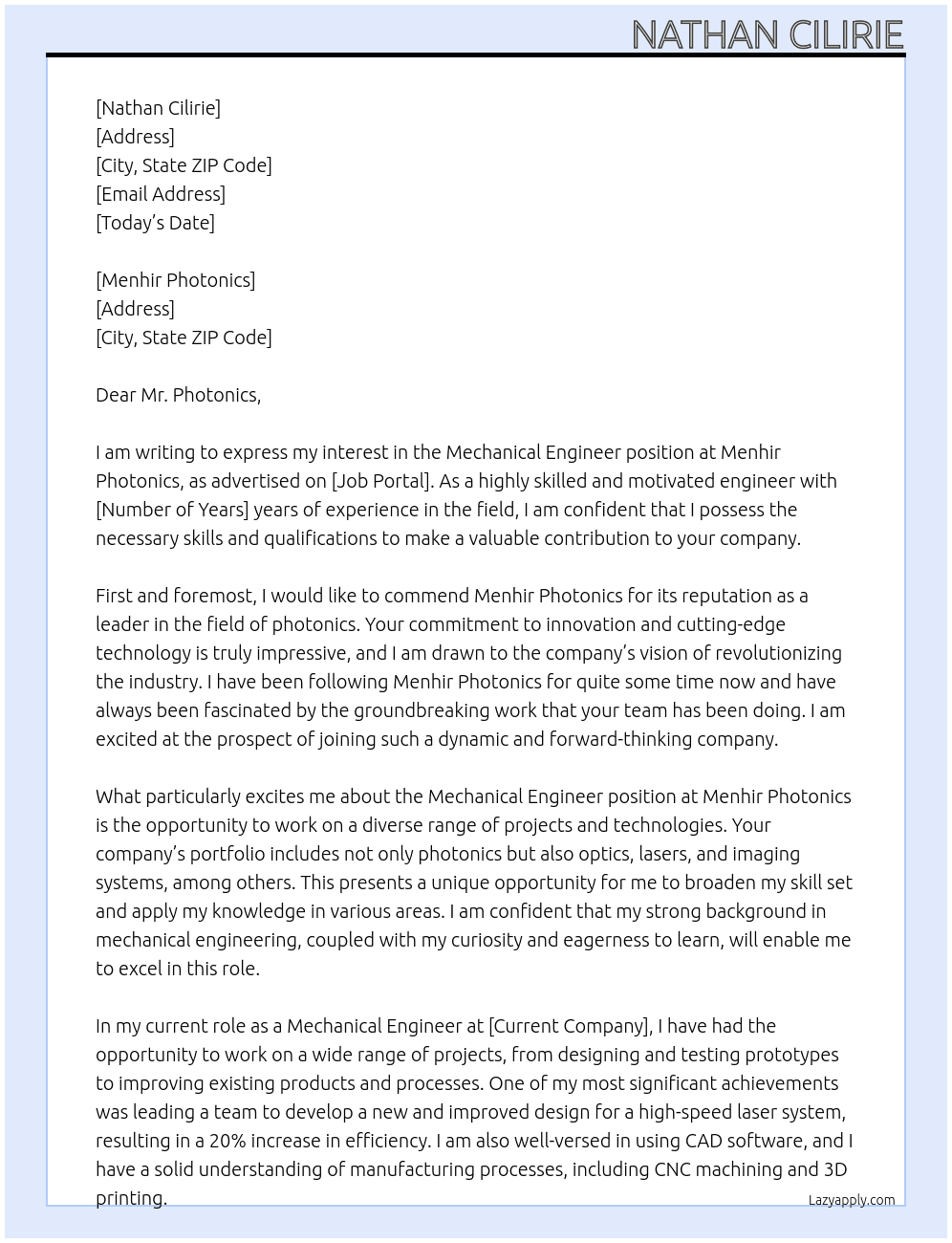 Mechanical Engineer At Menhir Photonics Cover Letter