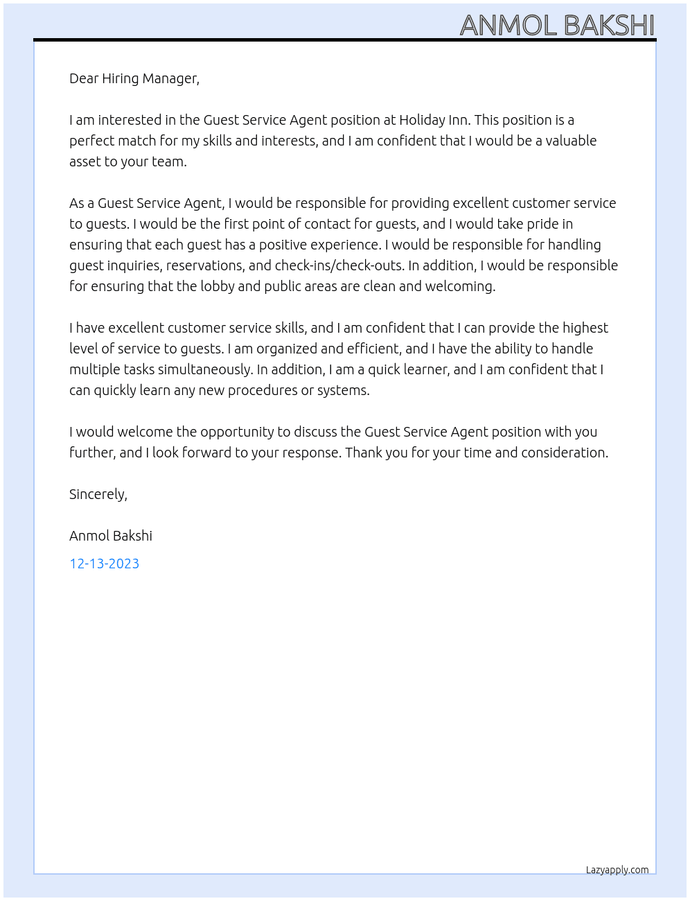 Guest Service Agent At Holiday Inn Cover Letter