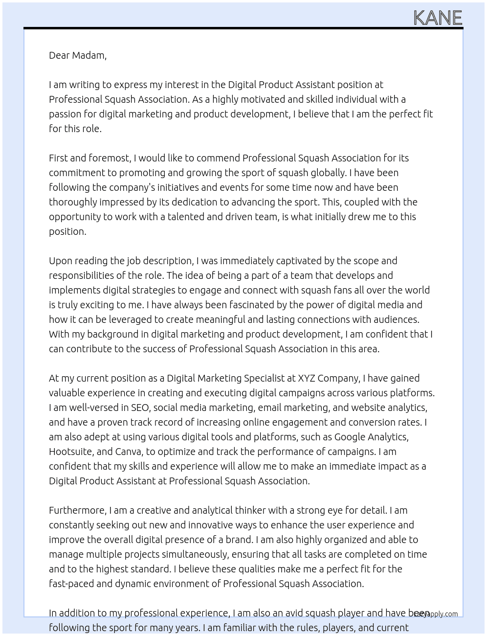 Digital Product Assistant At Professional Squash Association Cover Letter