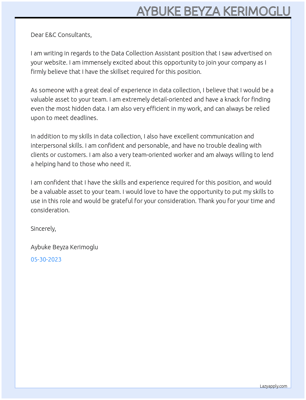 Data Collection Assistant At E&C Consultants Cover Letter