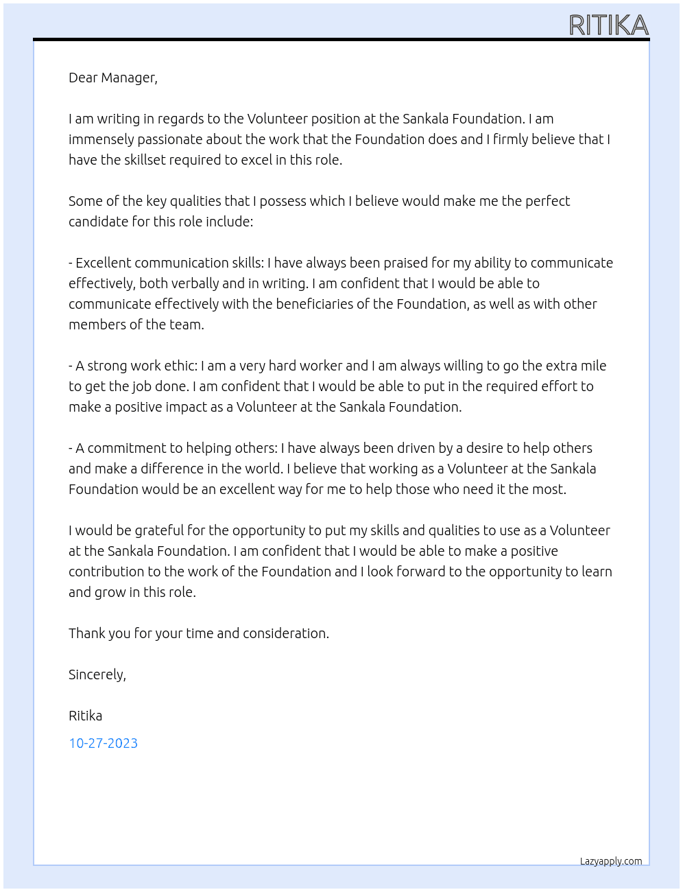 Volunteer At Sankala Foundation Cover Letter