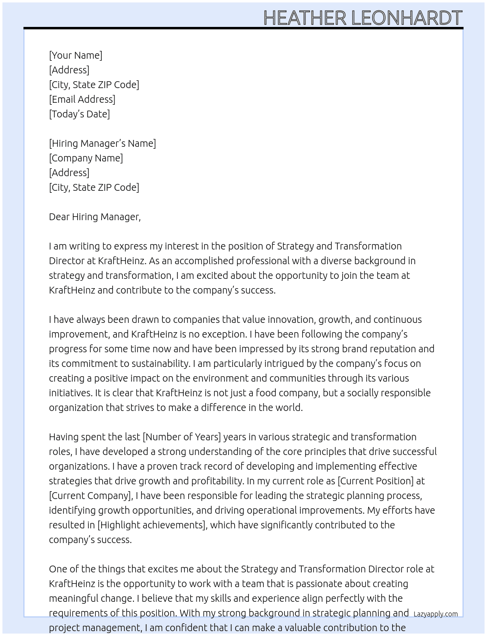 strategy and transformation director At KraftHeinz Cover Letter