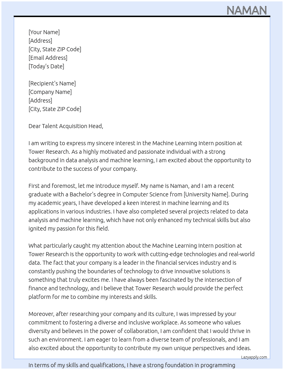 machie learning intern At Tower Reasearch Cover Letter