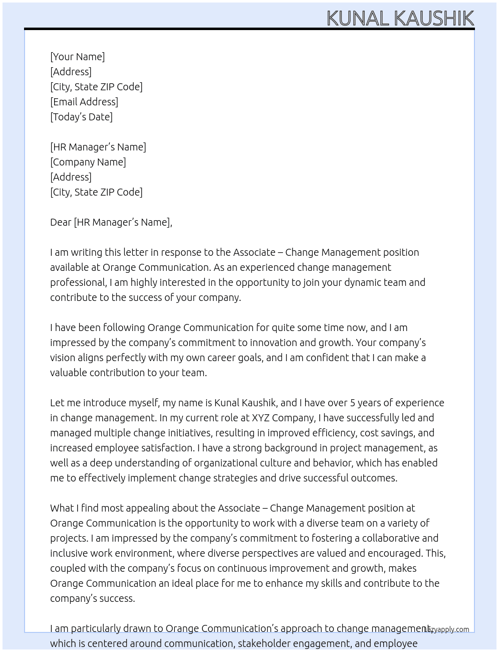 Associate - Change Management At orange communication Cover Letter