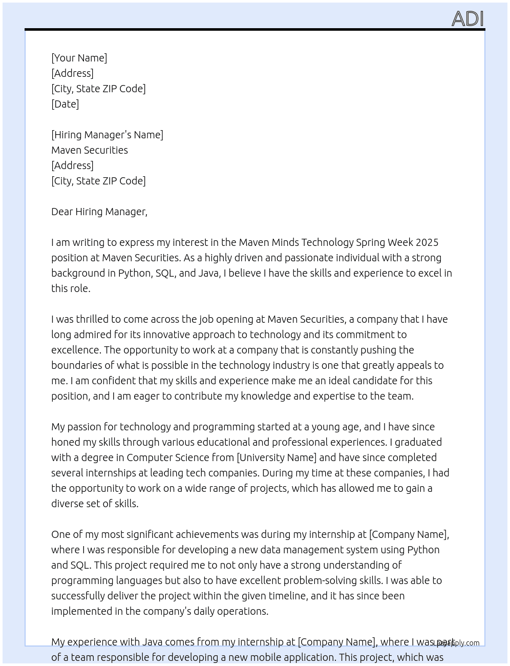 Maven Minds Technology Spring Week 2025 At Maven securities Cover Letter