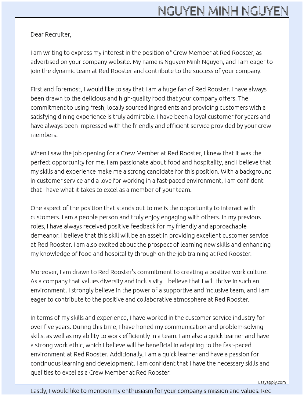 Crew Member At Red Rooster Cover Letter