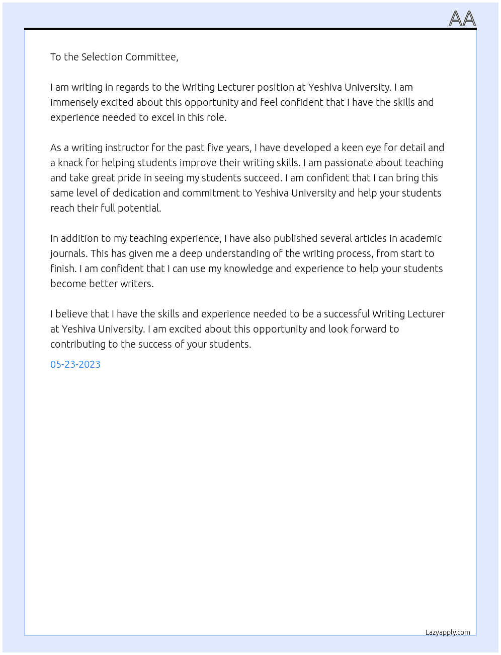 Writing Lecturer At Yeshiva Univeristy Cover Letter