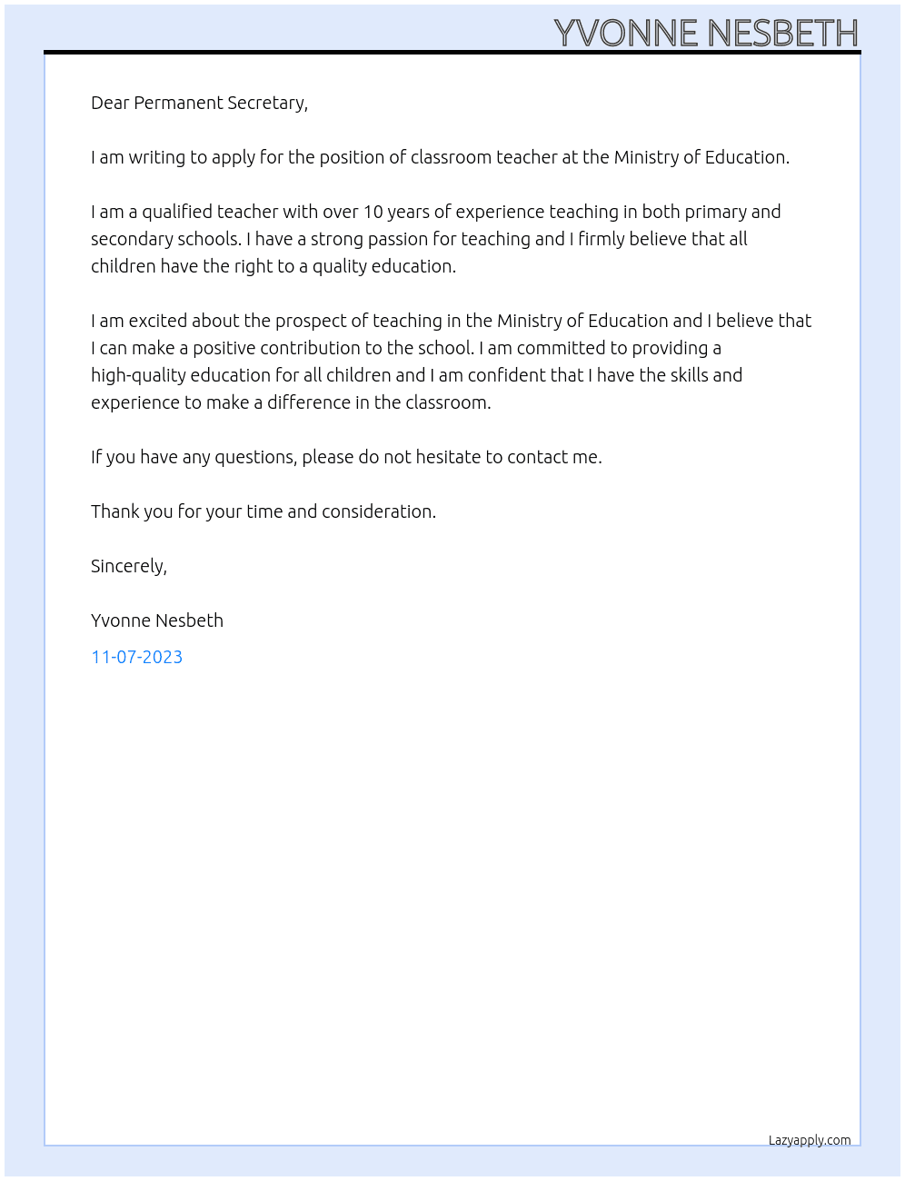 classroom teacher At Ministry of Education Cover Letter