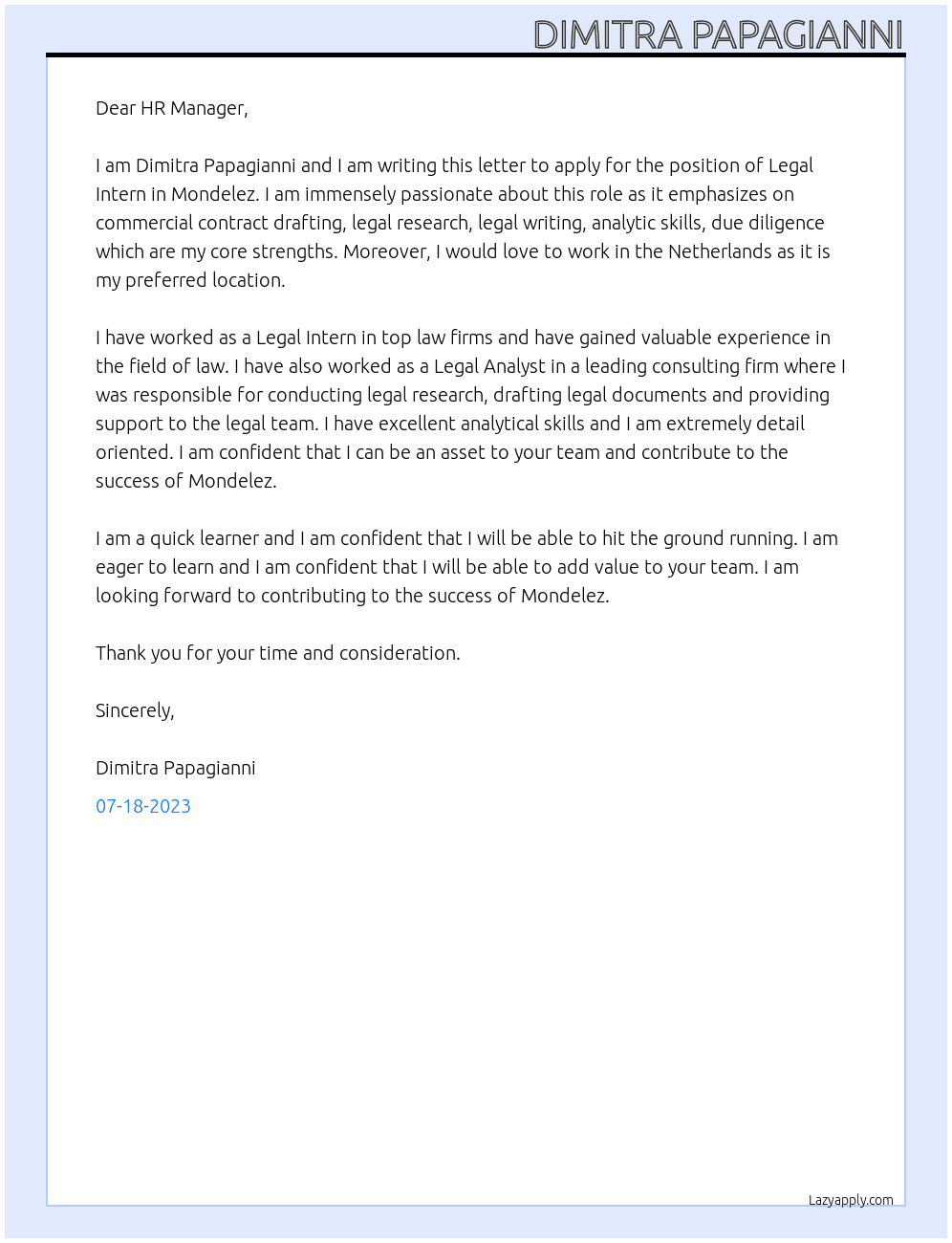 Legal Intern At Mondelez Cover Letter