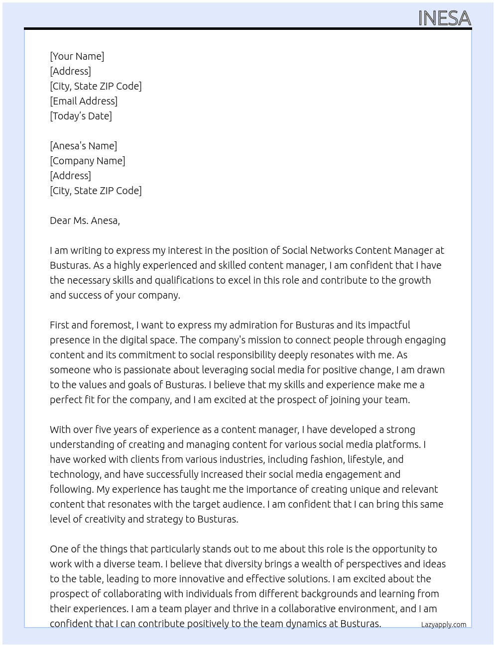 social networks content manager At busturas Cover Letter