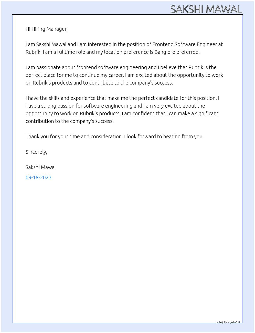 Frontend Software Engineer At Rubrik Cover Letter