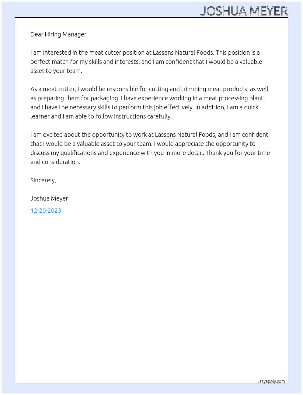 Meat Cutter At Lassens Natural Foods Cover Letter