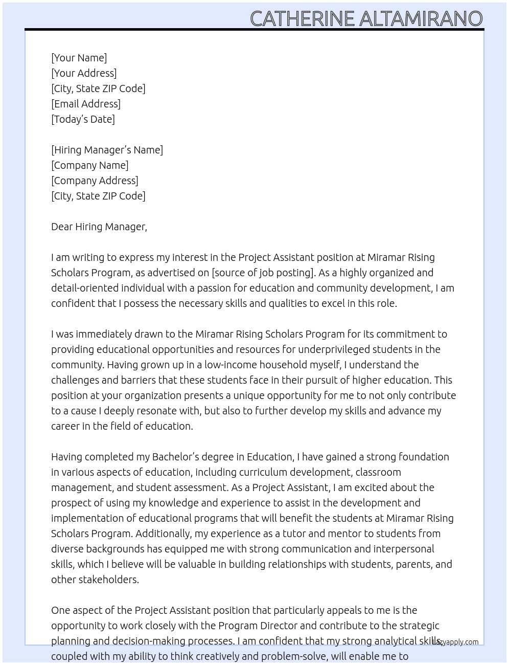 Project Assistant At Miramar Rising Scholars Program Cover Letter