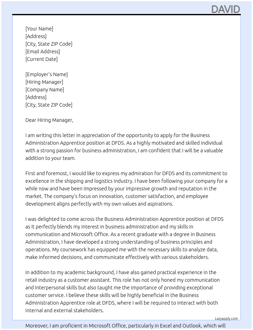 Business Administration Apprentice At DFDS Cover Letter